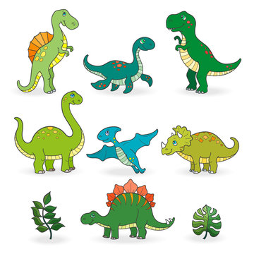 Set of funny cartoon dinosaurs isolated on white background