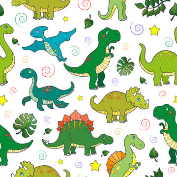 Seamless pattern with colorful dinosaurs and leaves, animals on white background