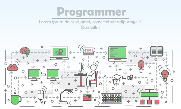 Programmer advertising vector flat line art illustration