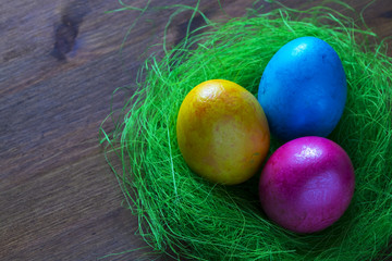 Fototapeta na wymiar colored chicken eggs for Easter