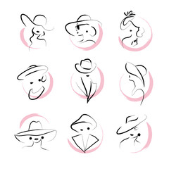 Vector artistic hand drawn stylish young lady portrait set isolated on white background. Fashion girl model icon. Woman in hat. Beauty illustration, logo design. Fashion poster, placard, banner.