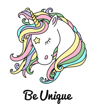 Beautiful unicorn vector head with rainbow hair, mane and inscription be unique. Design for t-shirt, notebook, cup, greeting card and etc.
