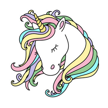 Beautiful unicorn head with rainbow hair, mane.  