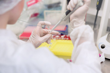 Close up of Young female scientist working in sterile genetics laboratory with pipette in white...