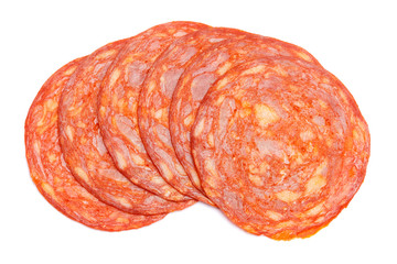 Italian Salami or spanish chorizo on white background