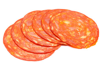 Italian Salami or spanish chorizo on white background