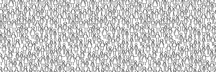 Vector illustration of black male and female stick figures horizontal banner repeating seamless pattern isolated on white background
