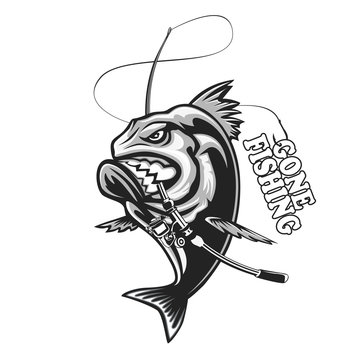 Angry piranha fishing logo. Vector illustration can be used for creating logo and emblem for fishing clubs, prints, web and other crafts.