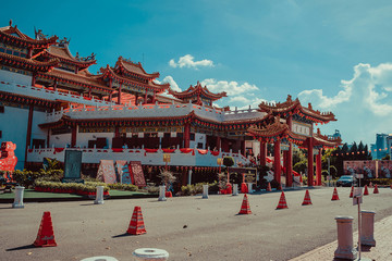 Beatiful Thean Hou temple, Kuala Lumpur attraction. Travel to Malaysia. Architecture background. Religious building. Tourist landmark. City tour. Place of worship. Religion concept. Tourism industry