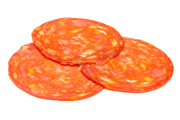 Italian Salami or spanish chorizo on white background
