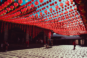 Territory Thean Hou temple. Kuala Lumpur attraction. Travel to Malaysia. Religious background. Tourist landmark. City tour. Place of worship. Architecture concept. Chinese red lanterns decoration