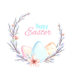 Happy easter poster, hand drawn watercolor illustration. watercolor eggs in wreath and pussy willow branches. Vector illustration