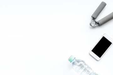 concept preparing to fitness sports equipment top view mock up