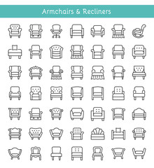 Armchairs, lounges & recliners. Line icons. Vector illustration.