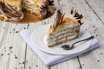 Chocolate vegane cake with nuts and cream. Birthday concept