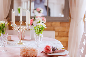 Festive dinner table decoration. Spring holiday decor.