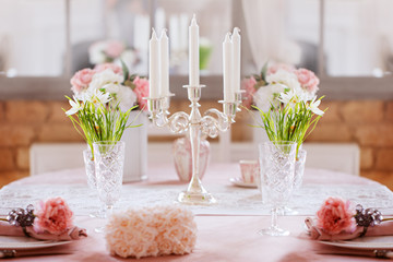 Festive dinner table decoration. Spring holiday decor.