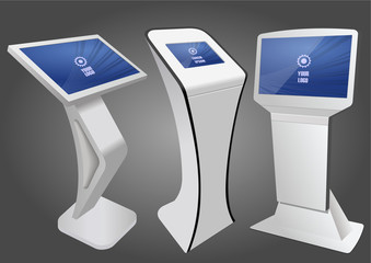Three Promotional Interactive Information Kiosk, Advertising Display, Terminal Stand, Touch Screen Display. Mock Up Template.