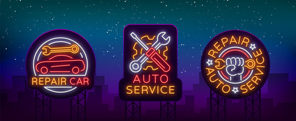 Auto service repair collection of logo in neon style. Set of neon sign, symbol on the topic of repairing cars. Emblem, bright banner sign, night bright advertising of auto repair. Vector illustration