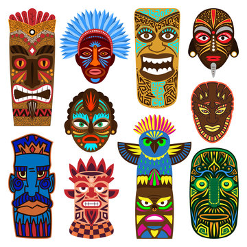 Tribal mask vector masking ethnic culture and aztec face masque illustration set of traditional aborigine masked symbol isolated on white background