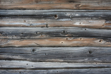Background texture of a wall of old wooden logs and boards