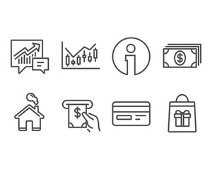Set of Financial diagram, Atm service and Accounting icons. Credit card, Banking and Holidays shopping signs. Candlestick chart, Cash investment, Supply and demand. Vector