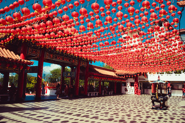 Ornate Thean Hou temple. Kuala Lumpur attraction. Travel to Malaysia. Religious background. Tourist destination. City tour. Place of worship. Architecture concept. Chinese red lanterns decoration