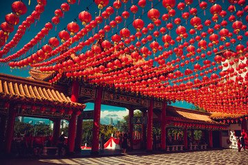 Territory Thean Hou temple. Kuala Lumpur attraction. Travel to Malaysia. Religious background. Tourist destination. City tour. Architecture concept. Chinese red lanterns decoration. Chinese New Year