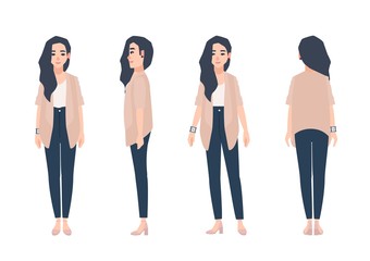 Obraz premium Young smiling woman with loose long brunette hair dressed in casual clothing isolated on white background. Cute girl wearing jeans and cardigan. Front, side, back views. Cartoon vector illustration.
