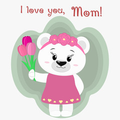 Fototapeta premium A nice polar bear holds three tulips. Congratulations on your mother's day, in the style of cartoons.