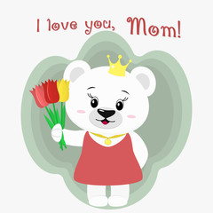 A nice polar bear holds three tulips. Congratulations on your mother's day, in the style of cartoons.