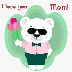 A nice polar bear holds three tulips. Congratulations on your mother's day, in the style of cartoons.