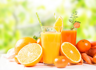 Fresh juice, Orange and carrot drink on white background. Fruits and vegetable. 