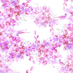 Naklejka na ściany i meble Seamless Pattern of pink, lilac wild flowers on a branch in watercolor. Bud, branch, petal, bouquet of flowers, chamomile, wild herbs. For textiles, wallpaper. Abstract, fashionable pattern.