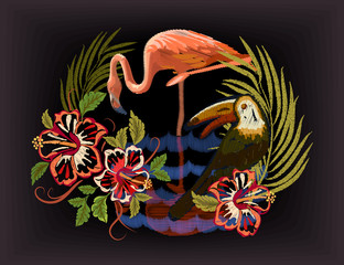 Flamingo and Toucan Jungle Embroidery design. Raster illustration