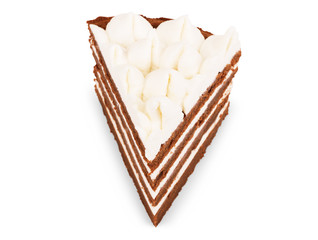 Chocolate cake slice with curl on white background