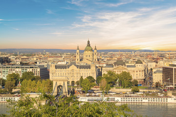 Beautiful view of the Basilica of Saint Istvan and the Szechenyi chain bridge across the Danube in Budapest, Hungary