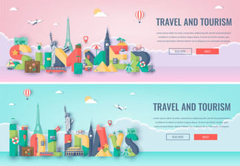 Obraz premium Travel composition with famous world landmarks. Travel and Tourism. Concept website template. Vector.
