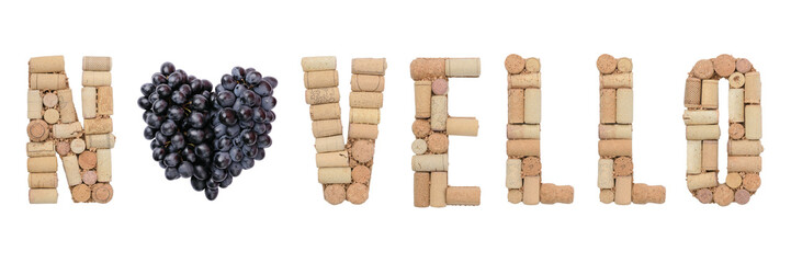 Italian young wine Novello made of wine corks and heart of black grapes isolated on white - obrazy, fototapety, plakaty