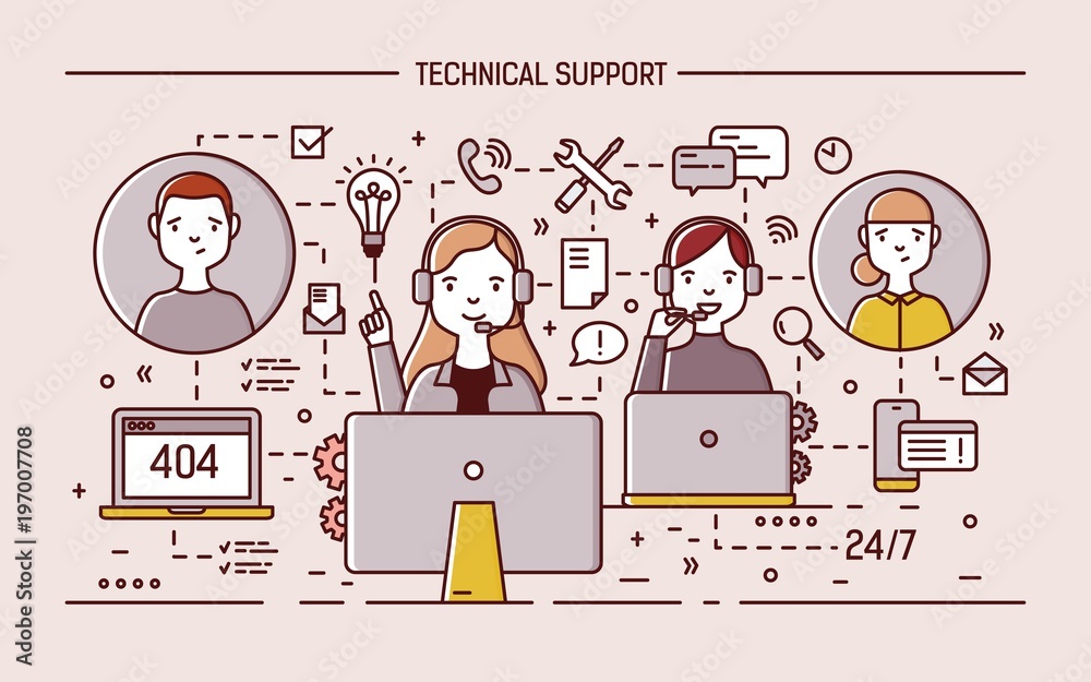 Poster friendly online specialists wearing headphones with microphones sit at computer monitors and answer 