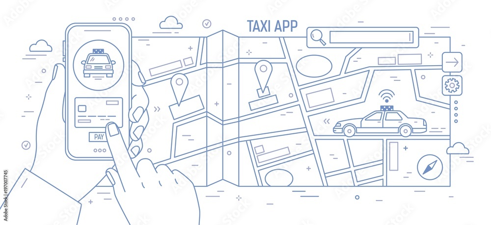 Poster horizontal banner with hands holding smartphone, city map and taxi car drawn with contour lines on w