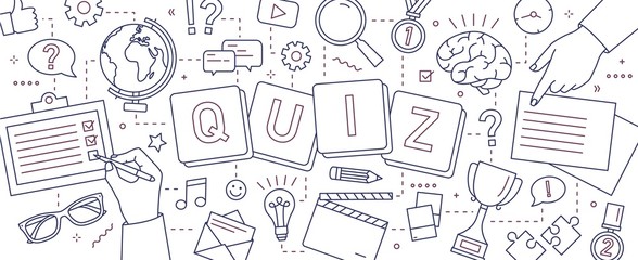 Horizontal banner with hands of people solving puzzles, answering quiz questions, playing board games to test intelligence or intellect drawn with lines on white background. Vector illustration.