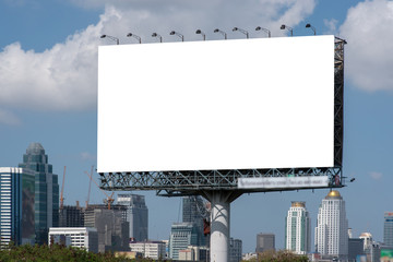 Road with lanterns and large blank billboard at evening in city : Bangkok : Thailand
