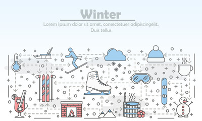Naklejka premium Outdoor winter activities advertising vector flat line art illustration