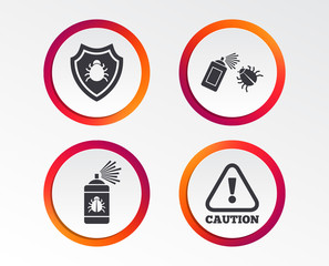 Bug disinfection icons. Caution attention and shield symbols. Insect fumigation spray sign. Infographic design buttons. Circle templates. Vector