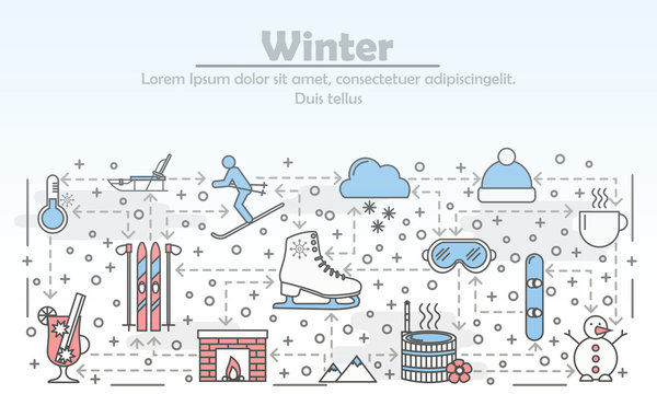 Outdoor winter activities advertising vector flat line art illustration