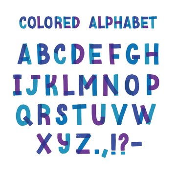 Latin typeface or creative english alphabet made of blue and purple adhesive tape. Collection of stylized letters organized in alphabetical order and isolated on white background. Vector illustration.