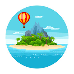 Illustration of tropical island in ocean. Landscape with hot air balloon, palm trees and rocks. Travel background