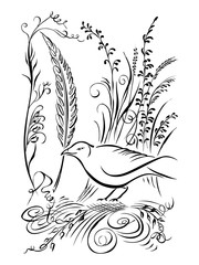 Bird has feather in its beak. Calligraphy swirling elements plants