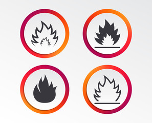 Fire flame icons. Heat symbols. Inflammable signs. Infographic design buttons. Circle templates. Vector